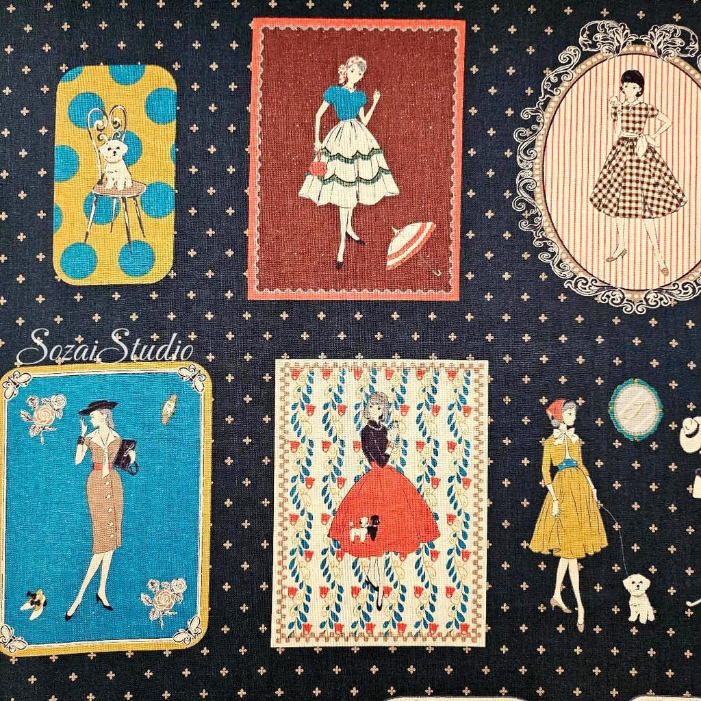 Japanese Cotton Fabric: KOKO SEKI Retro Print, Navy Blue - By the yard