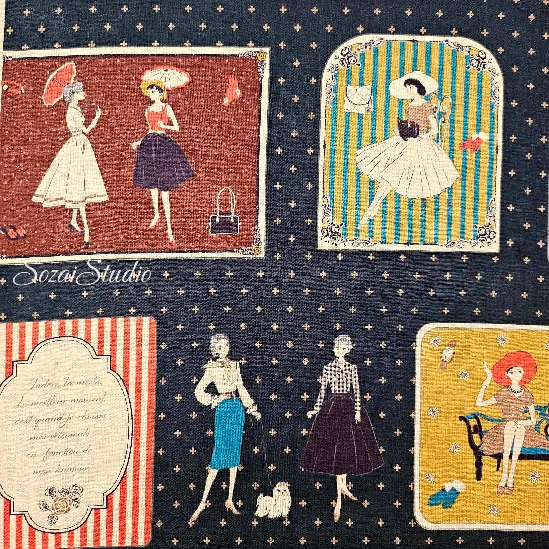Japanese Cotton Fabric: KOKO SEKI Retro Print, Navy Blue - By the yard