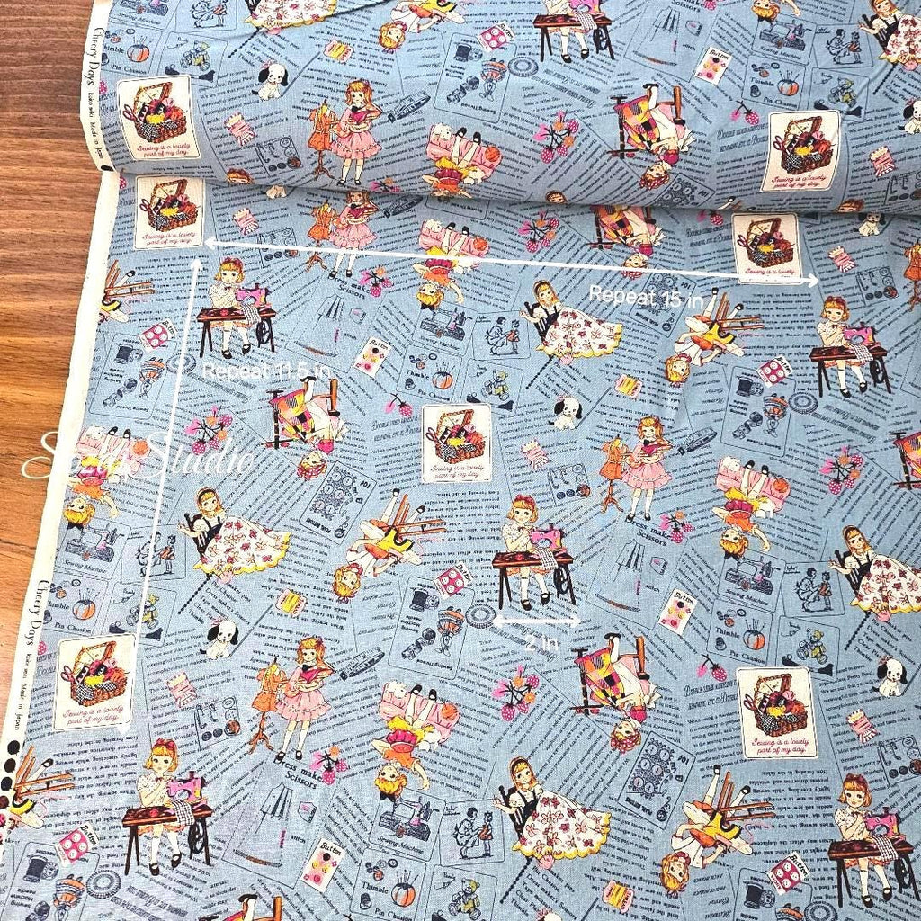 KOKO SEKI Japanese Cotton Fabric: Sewing Girl Collage, Blue - By the yard