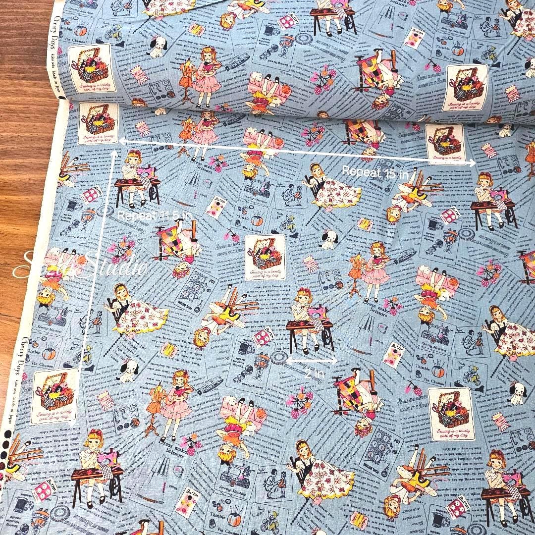 KOKO SEKI Japanese Cotton Fabric: Sewing Girl Collage, Blue - By the yard