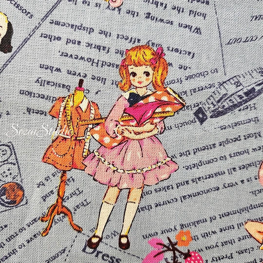 KOKO SEKI Japanese Cotton Fabric: Sewing Girl Collage, Blue - By the yard