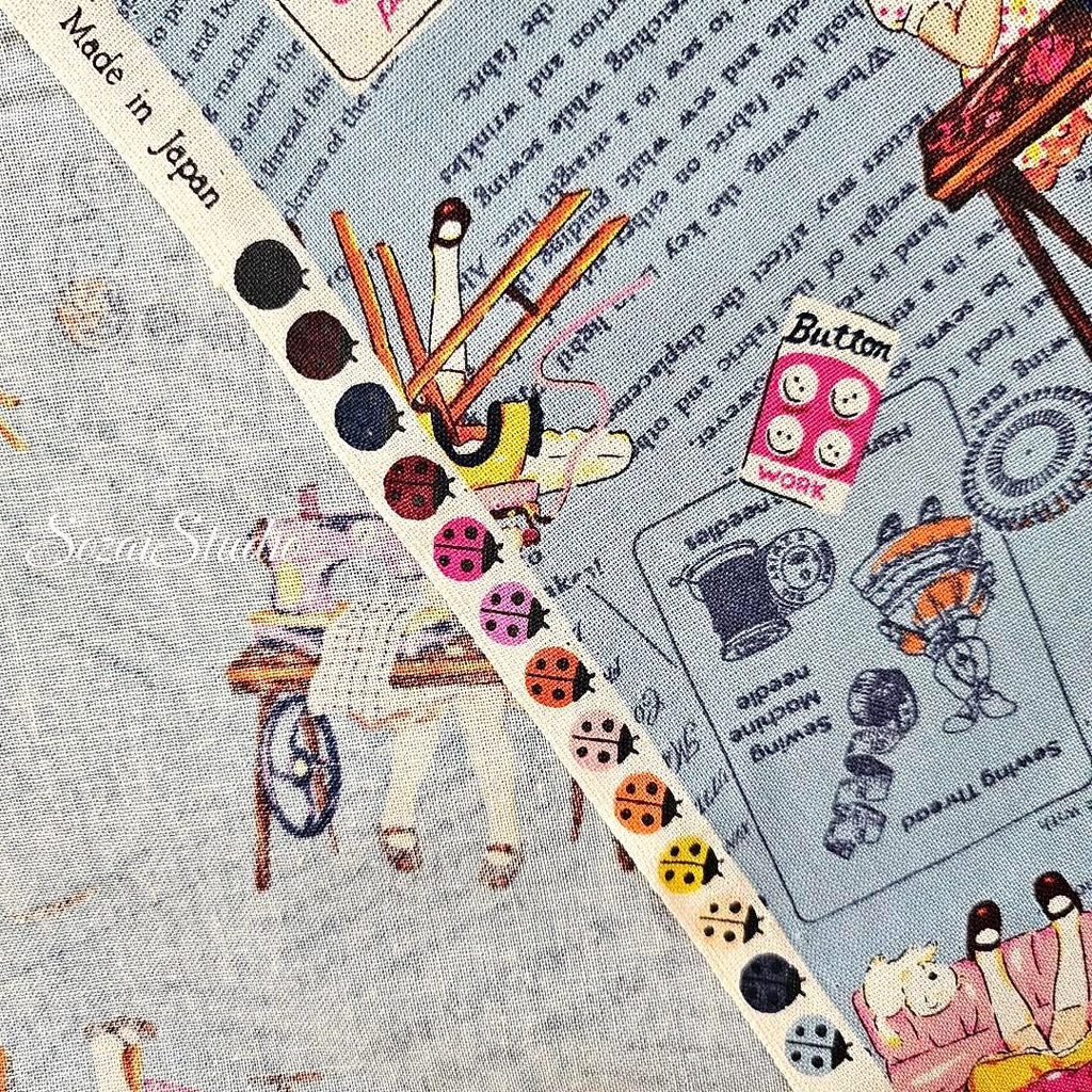 KOKO SEKI Japanese Cotton Fabric: Sewing Girl Collage, Blue - By the yard