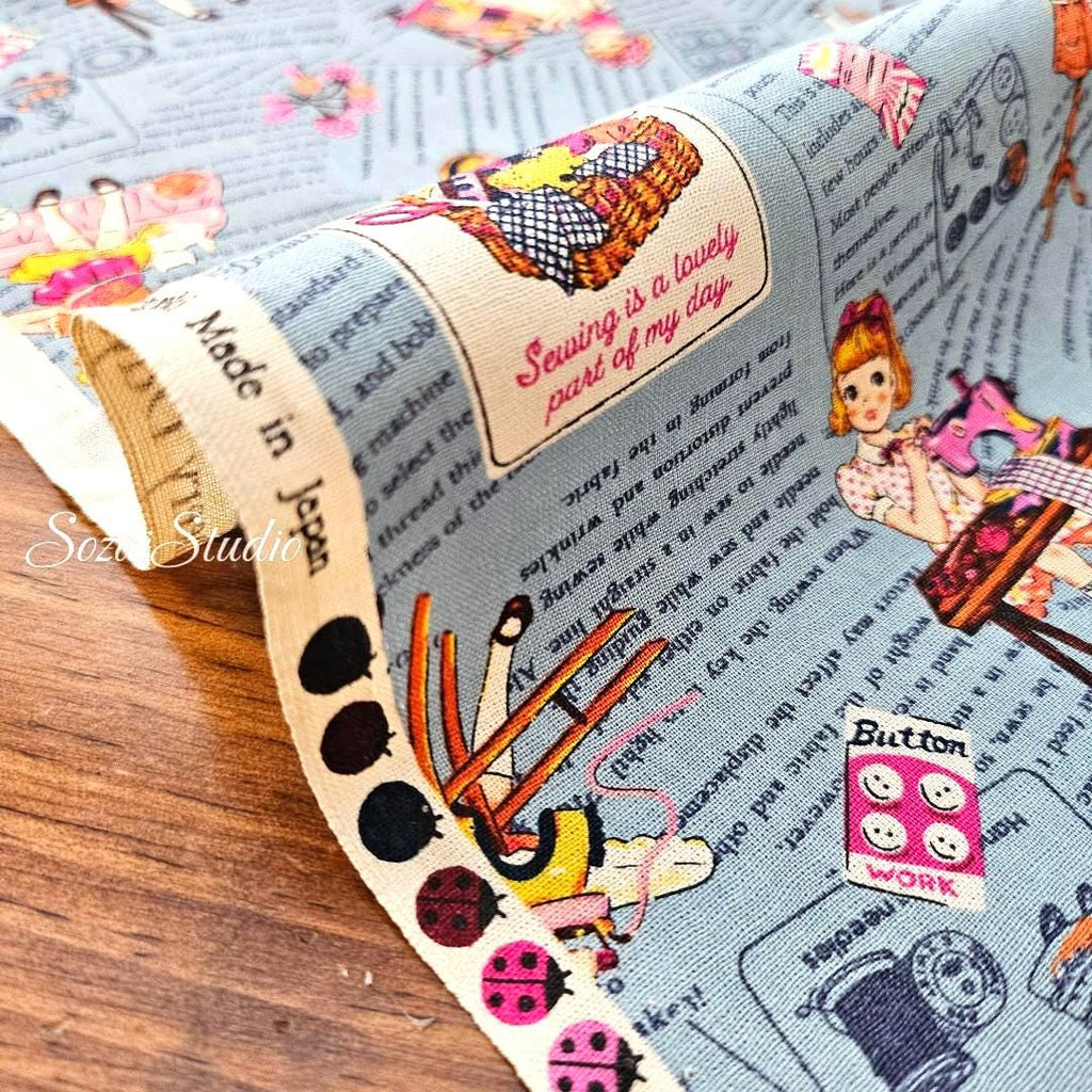 KOKO SEKI Japanese Cotton Fabric: Sewing Girl Collage, Blue - By the yard