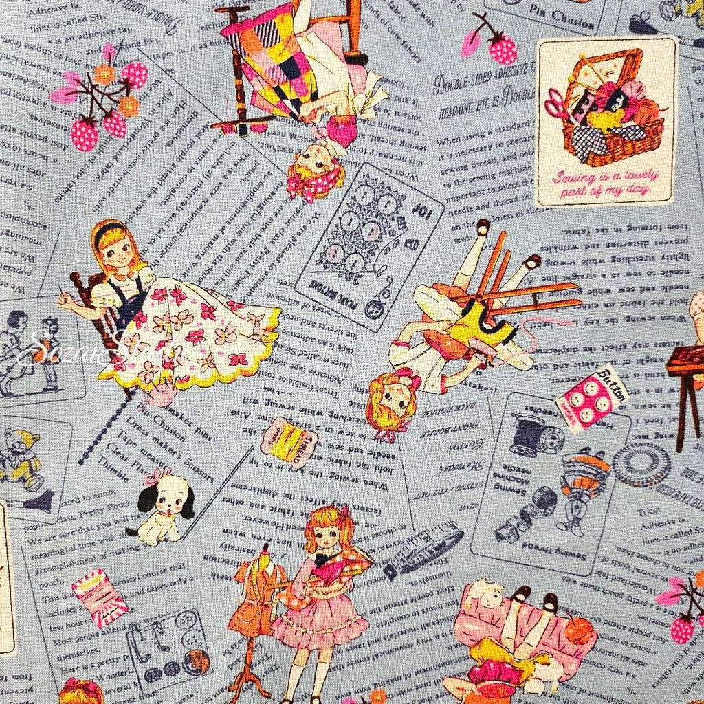KOKO SEKI Japanese Cotton Fabric: Sewing Girl Collage, Blue - By the yard