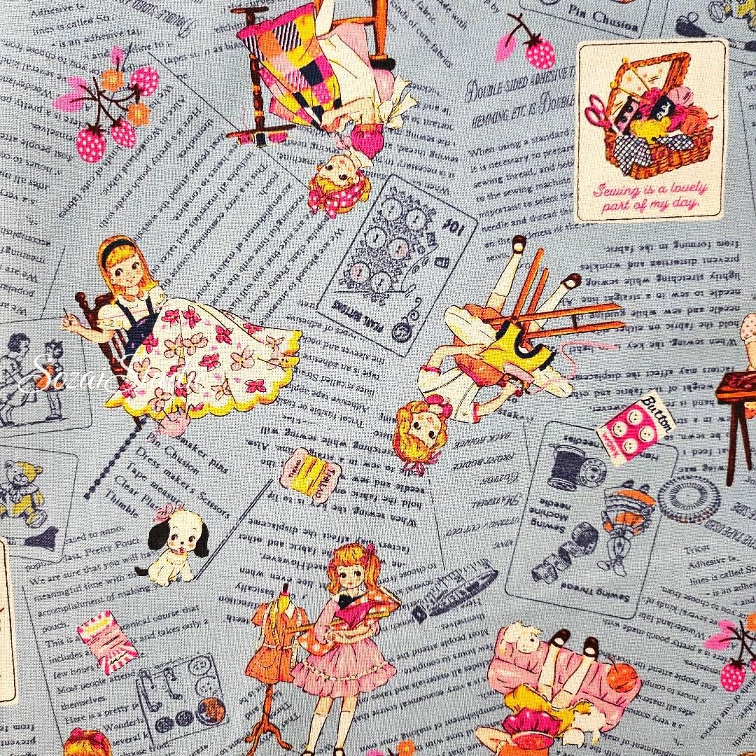 KOKO SEKI Japanese Cotton Fabric: Sewing Girl Collage, Blue - By the yard