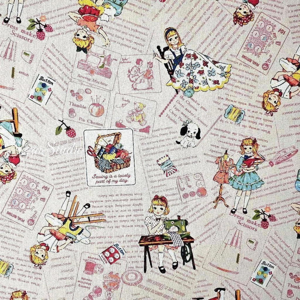KOKO SEKI Japanese Fabric: Sewing Girl Collage, Light Pink Cotton - by Yard