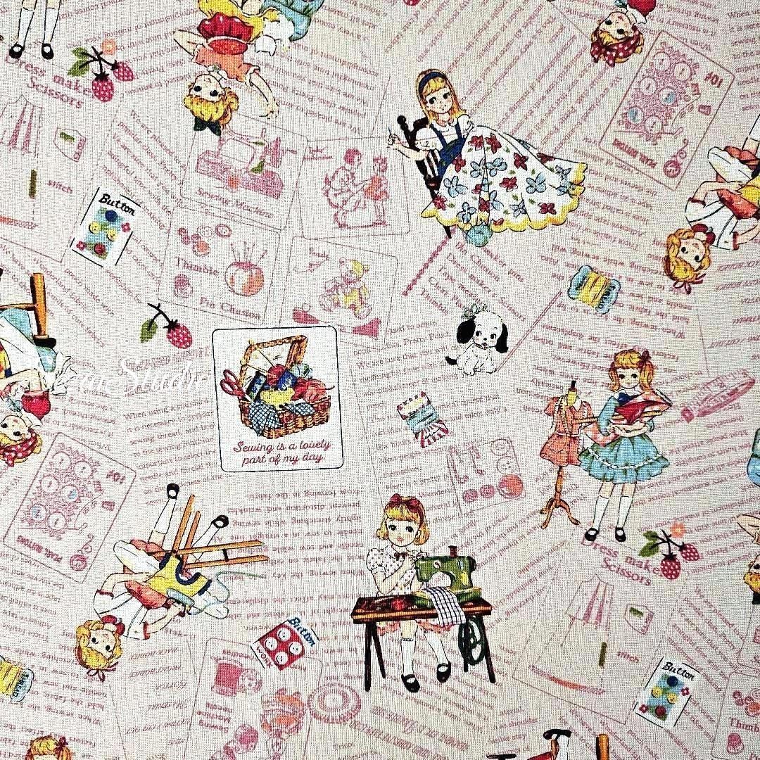 KOKO SEKI Japanese Fabric: Sewing Girl Collage, Light Pink Cotton - by Yard