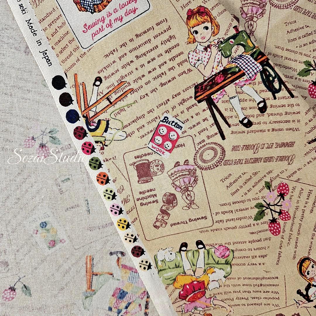 KOKO SEKI Japanese Cotton Fabric: Sewing Girl Collage, Beige, by the yard