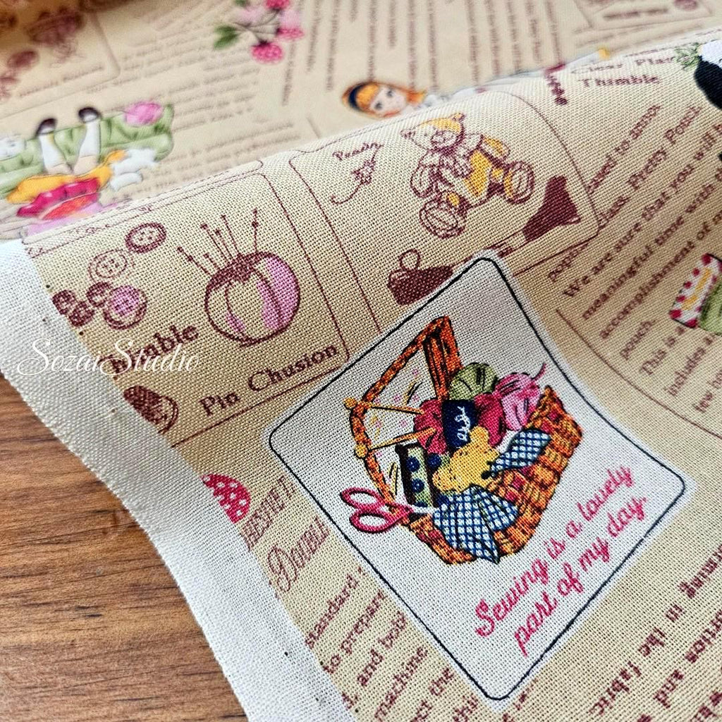 KOKO SEKI Japanese Cotton Fabric: Sewing Girl Collage, Beige, by the yard