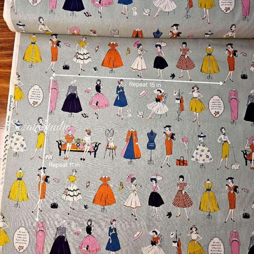 Japanese Cotton Fabric: Koko Seki Retro Print - Green, by the yard