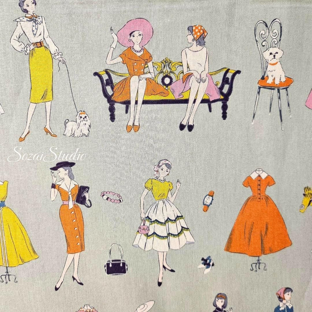 Japanese Cotton Fabric: Koko Seki Retro Print - Green, by the yard