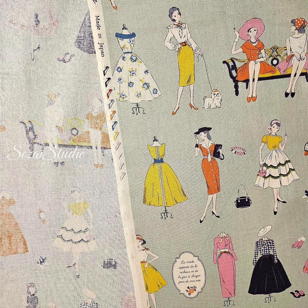 Japanese Cotton Fabric: Koko Seki Retro Print - Green, by the yard