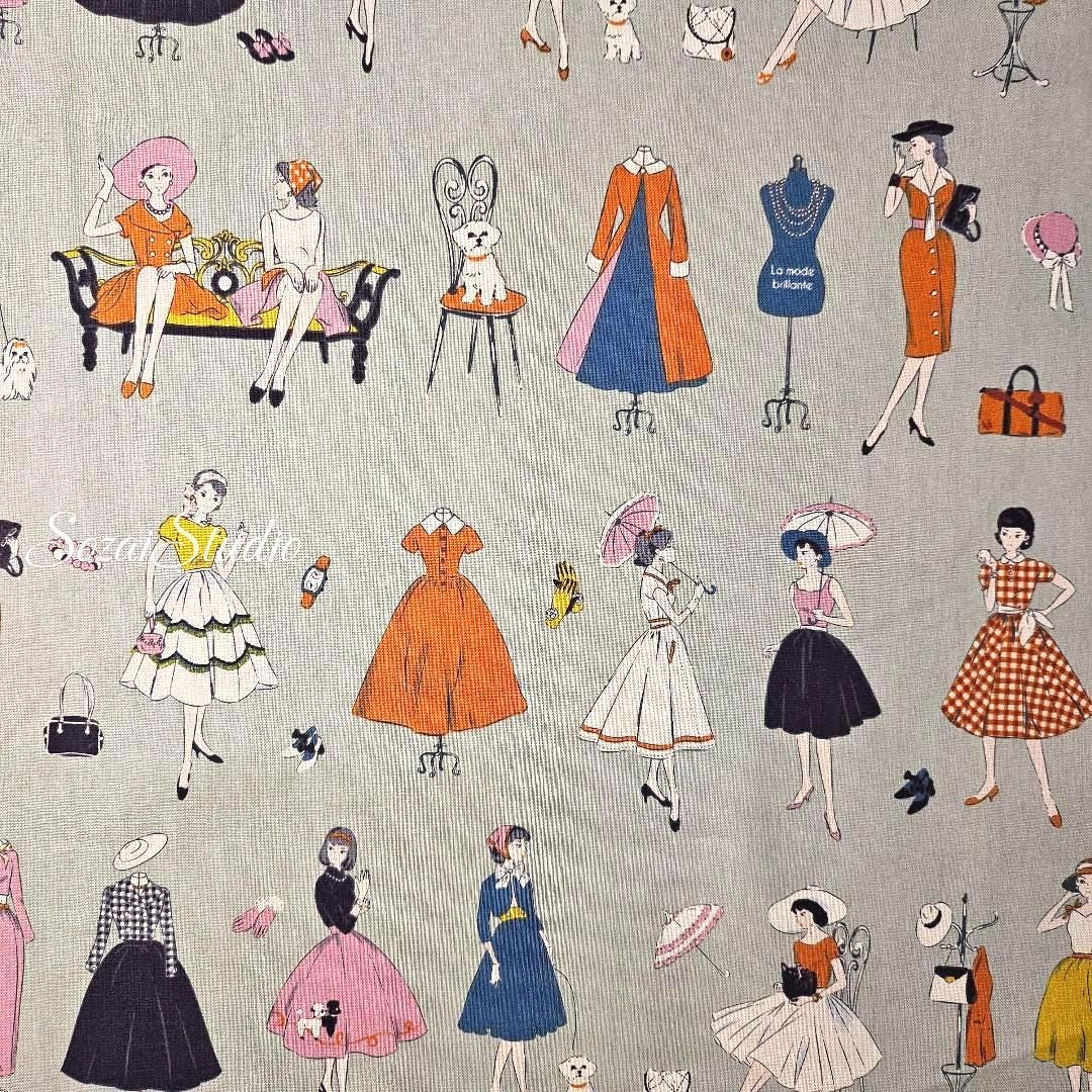 Japanese Cotton Fabric: Koko Seki Retro Print - Green, by the yard