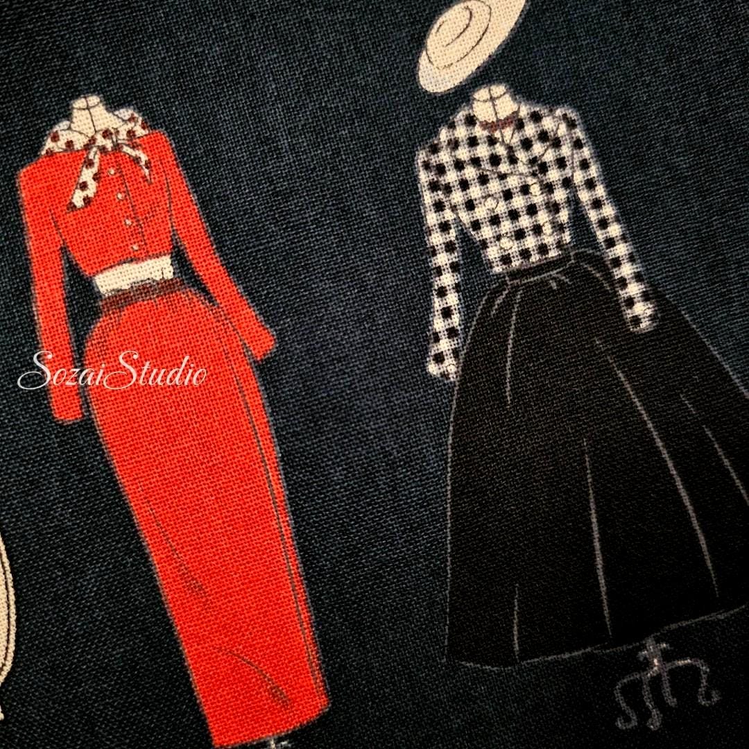 KOKO SEKI Japanese Cotton Fabric: Retro Girls Print, Navy, by the yard