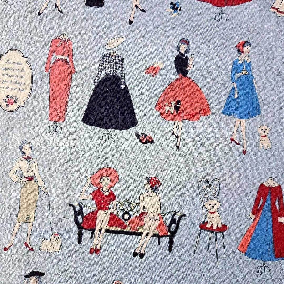 KOKO SEKI Japanese Cotton Fabric: 1970s Retro Print, Blue, by Yard