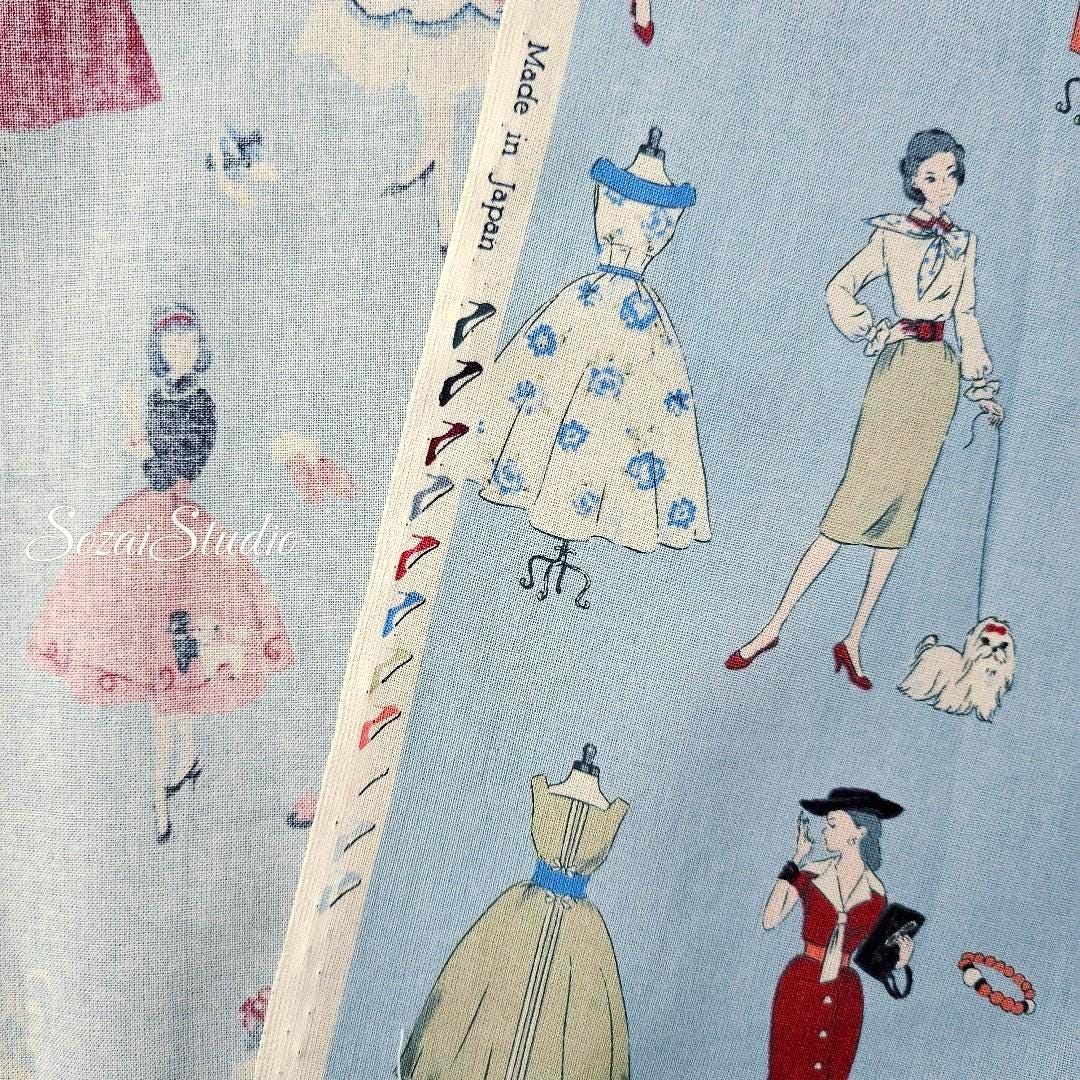 KOKO SEKI Japanese Cotton Fabric: 1970s Retro Print, Blue, by Yard