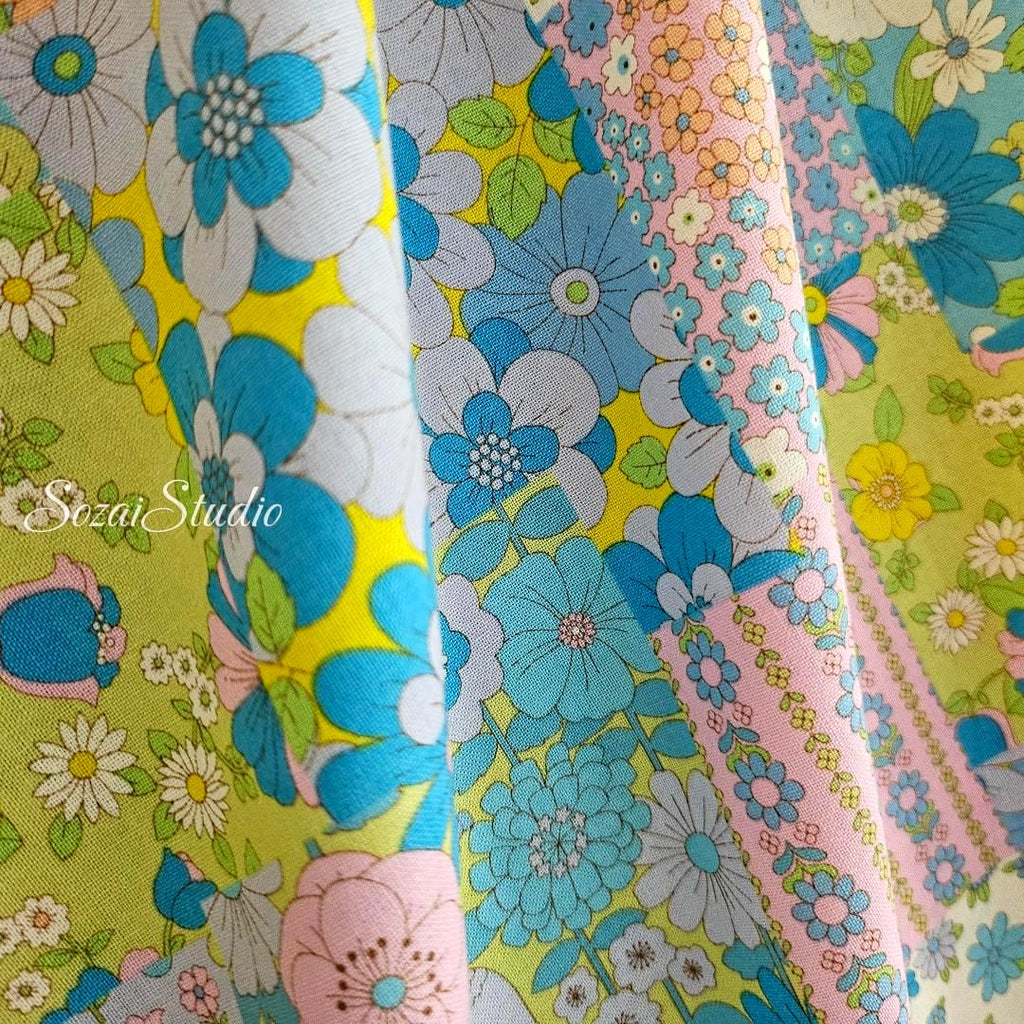1 Yard Retro Floral Pattern : 100% Cotton Print, Blue