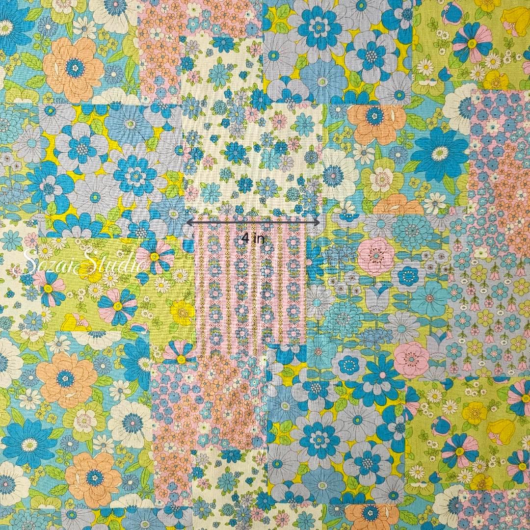 1 Yard Retro Floral Pattern : 100% Cotton Print, Blue