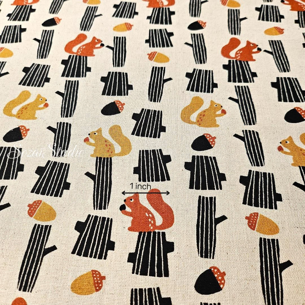 Japanese fabric - Adorable Yellow Squirrel and Acorn - Navy, Linen Blend Canvas, by yard