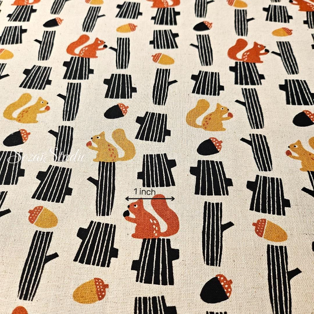 Japanese fabric - Adorable Yellow Squirrel and Acorn - Navy, Linen Blend Canvas, by yard
