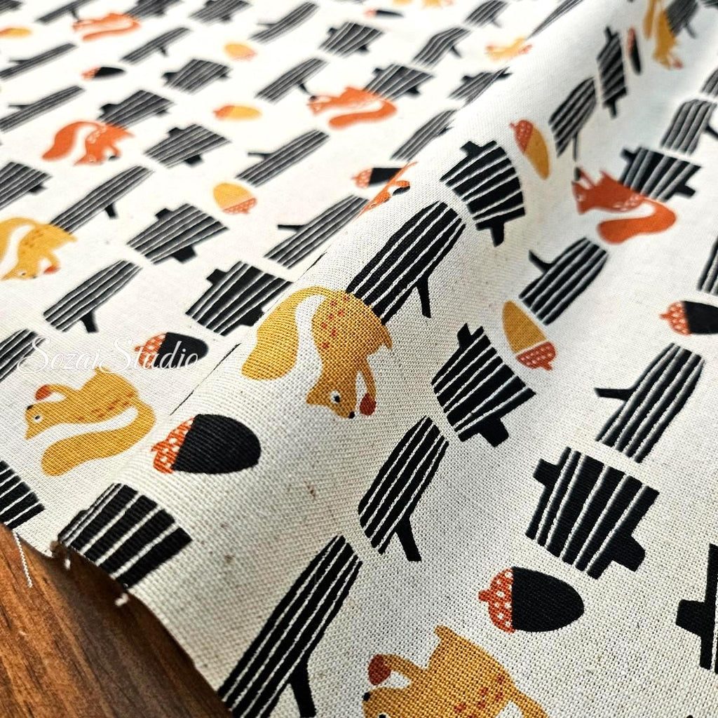Japanese fabric - Adorable Yellow Squirrel and Acorn - Navy, Linen Blend Canvas, by yard