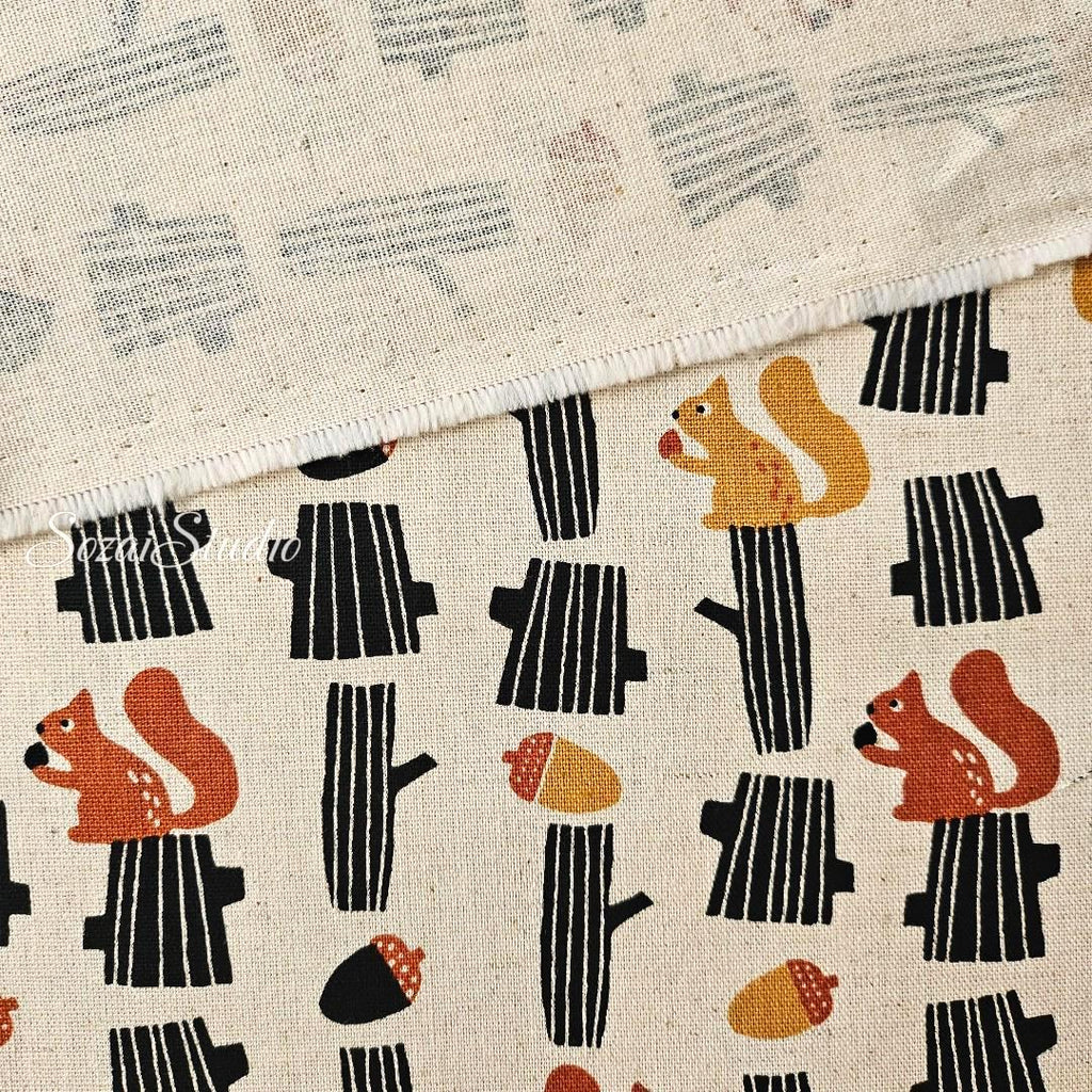 Japanese fabric - Adorable Yellow Squirrel and Acorn - Navy, Linen Blend Canvas, by yard