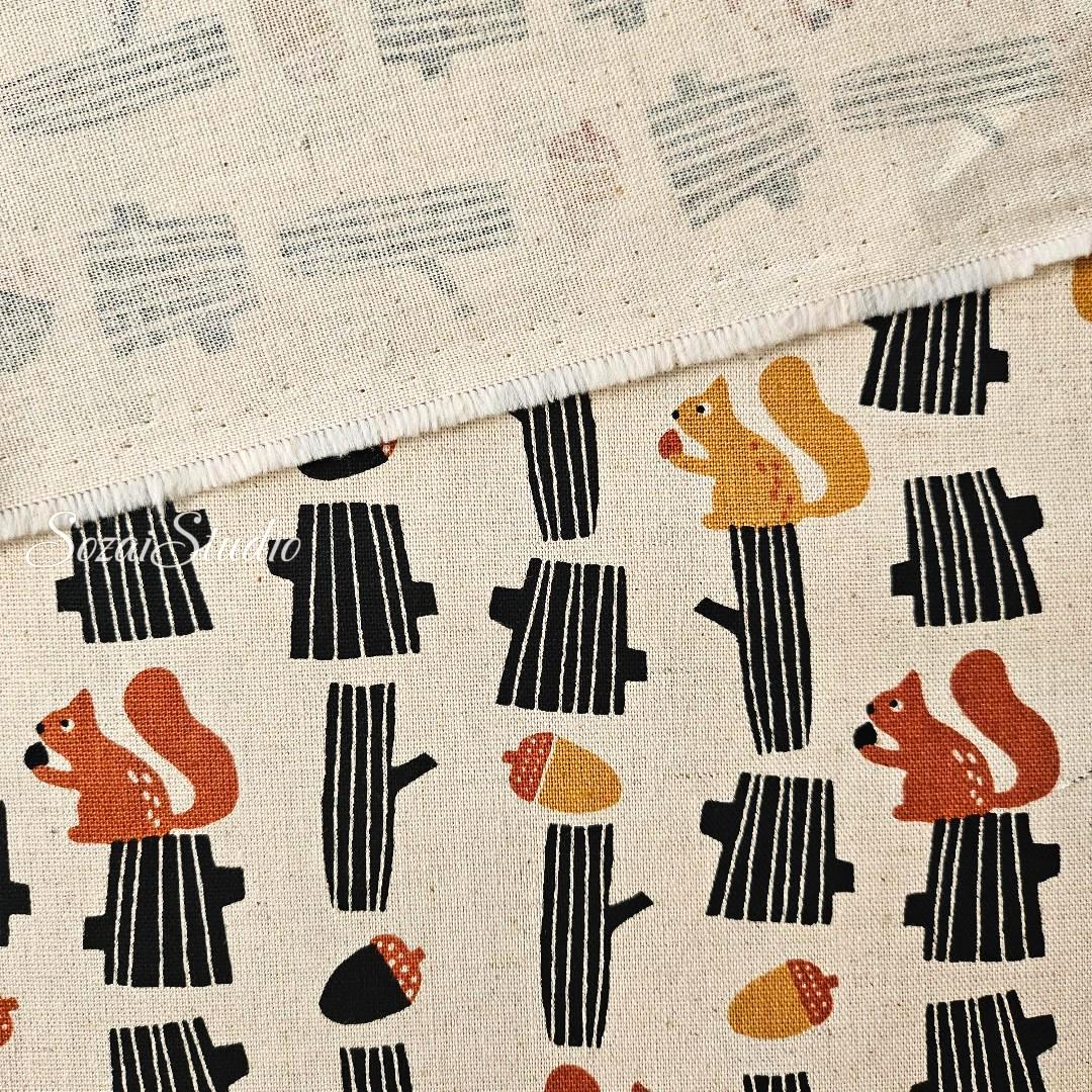 Japanese fabric - Adorable Yellow Squirrel and Acorn - Navy, Linen Blend Canvas, by yard