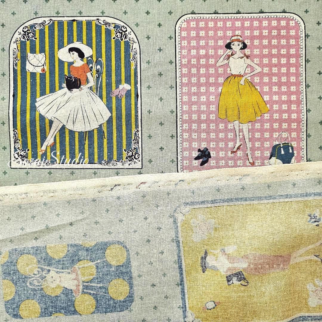 Retro Japanese Cotton Fabric: Koko Seki Green Print, by the yard