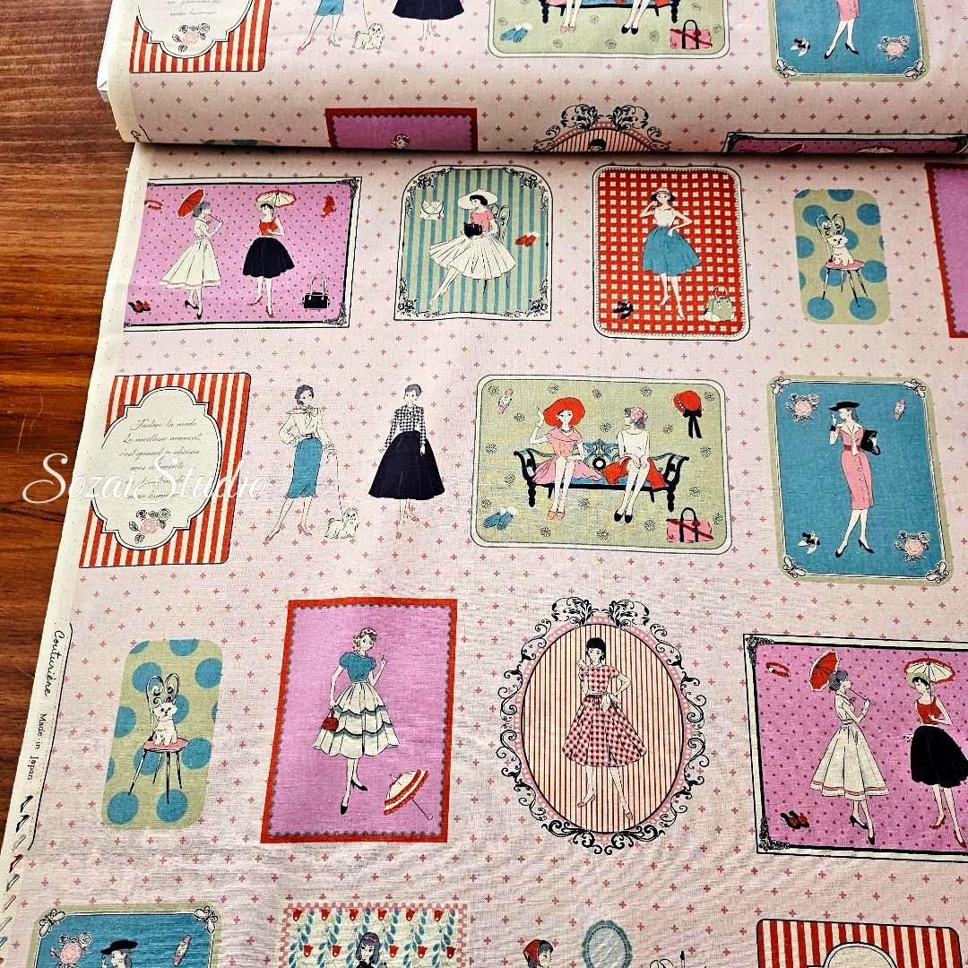 Japanese Cotton Fabric: KOKO SEKI Light Pink Retro Print, By Yard