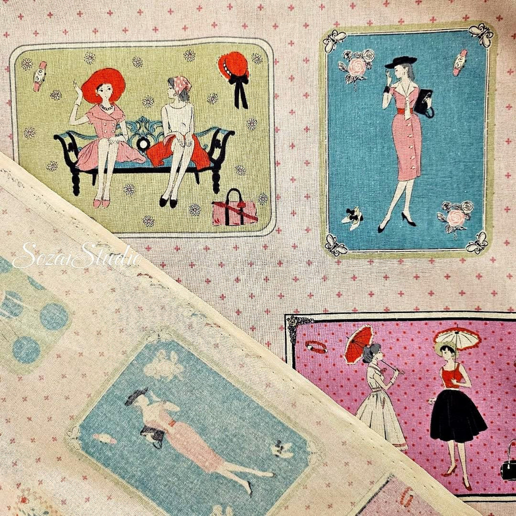 Japanese Cotton Fabric: KOKO SEKI Light Pink Retro Print, By Yard