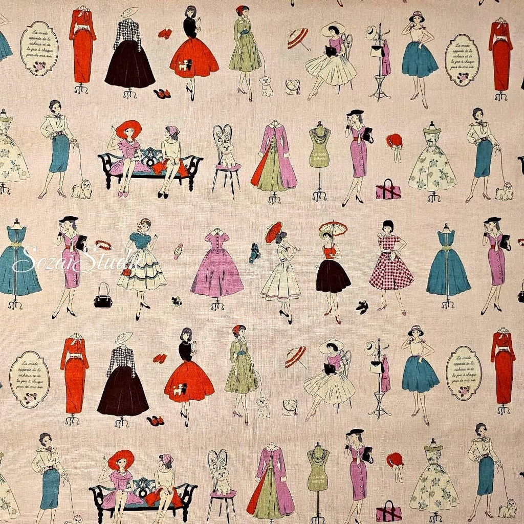 Japanese Cotton Fabric: Koko Seki Retro 70s Girls Print, Light Pink - by the yard