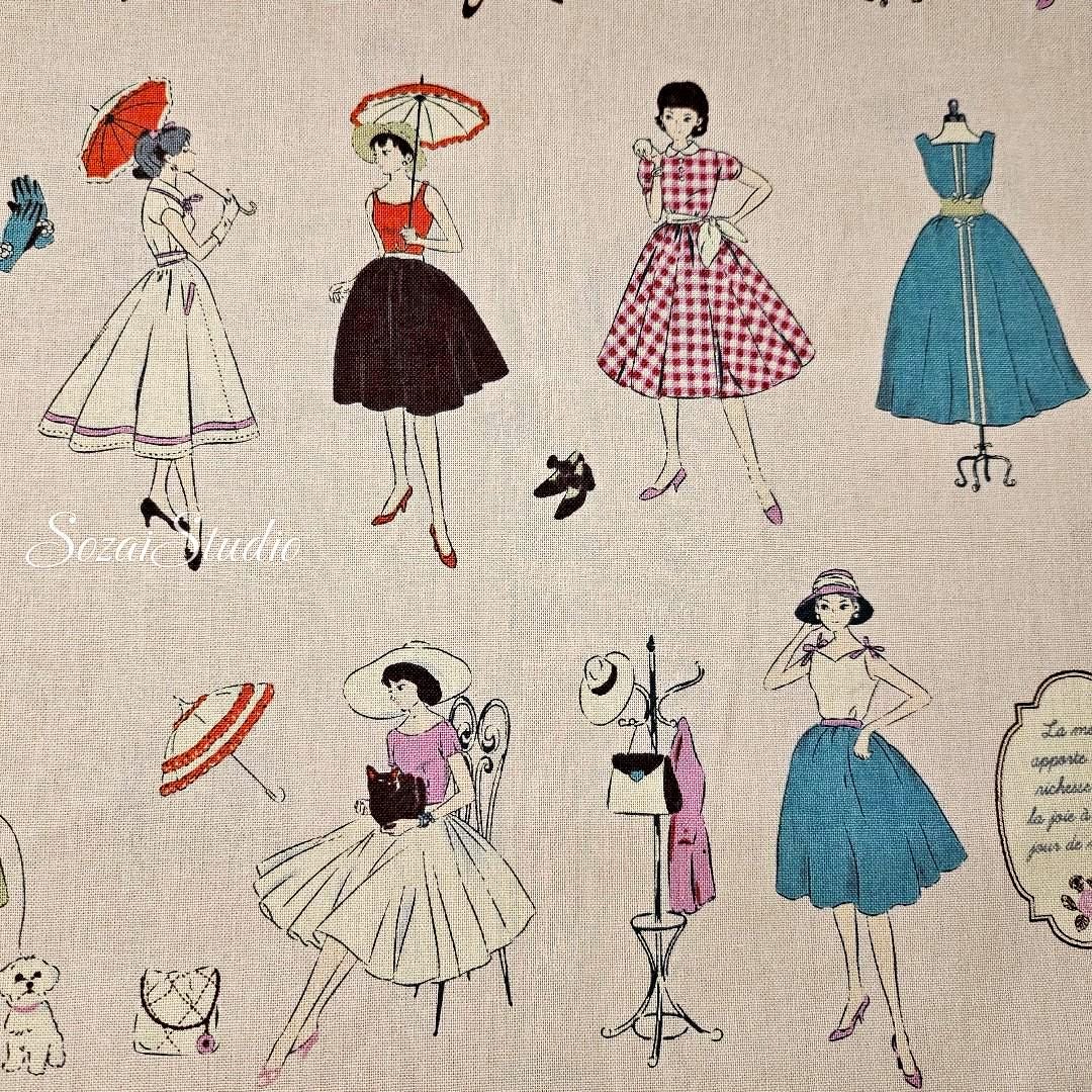 Japanese Cotton Fabric: Koko Seki Retro 70s Girls Print, Light Pink - by the yard