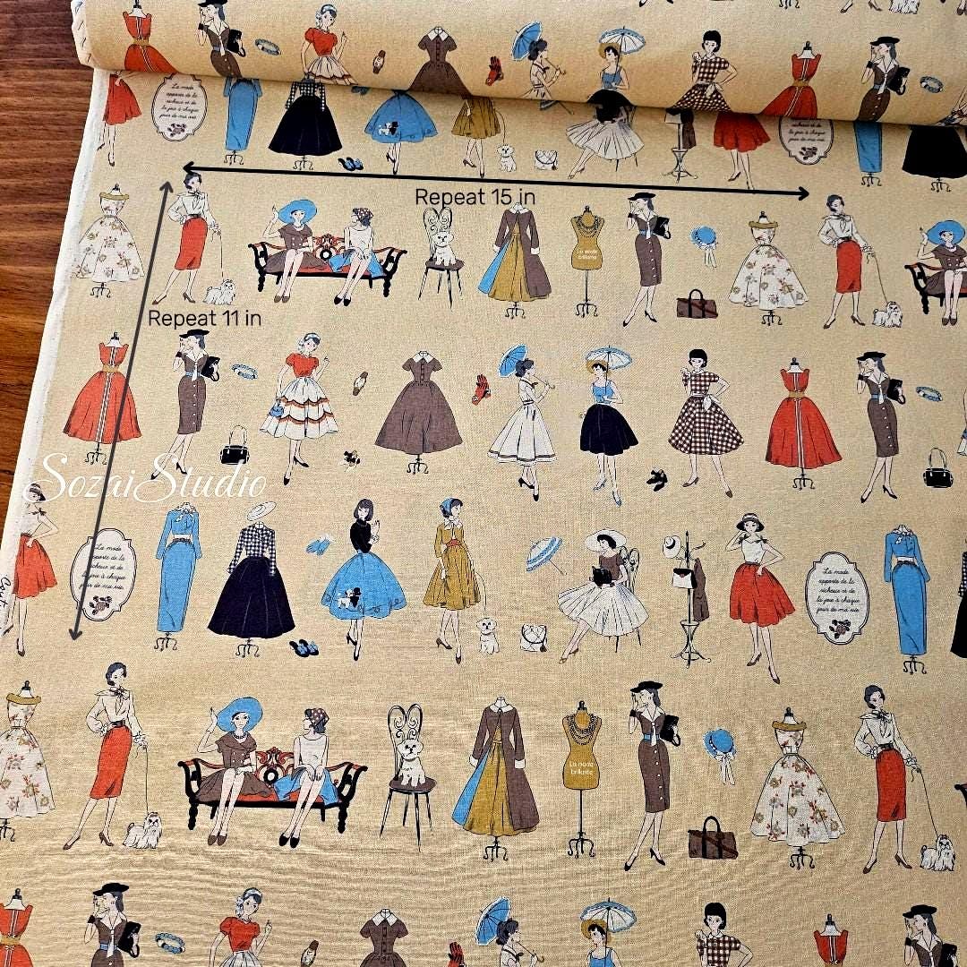 Koko Seki Japanese Cotton Fabric: 1970s Retro Girls Print, Light Yellow, by the yard