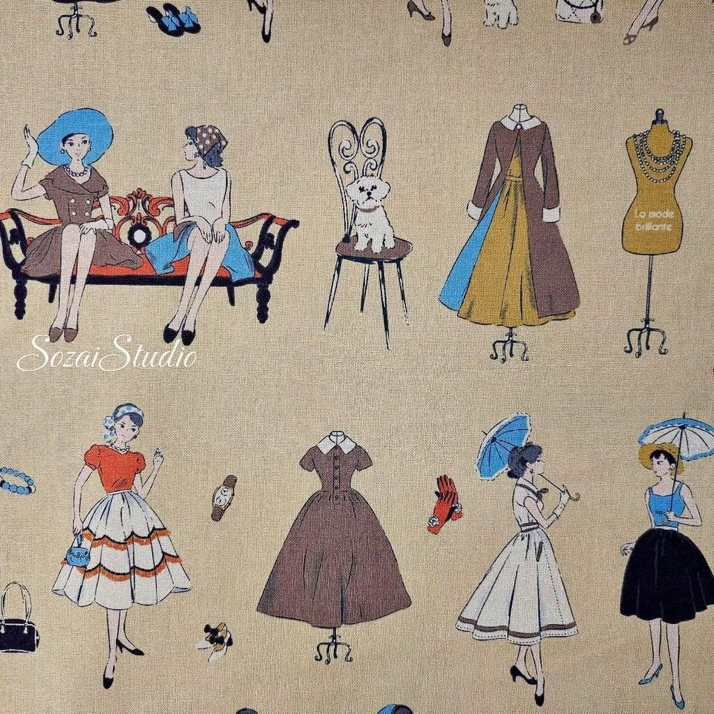 Koko Seki Japanese Cotton Fabric: 1970s Retro Girls Print, Light Yellow, by the yard