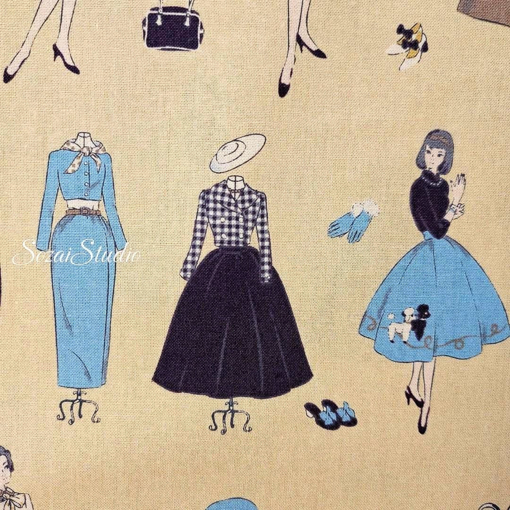 Koko Seki Japanese Cotton Fabric: 1970s Retro Girls Print, Light Yellow, by the yard