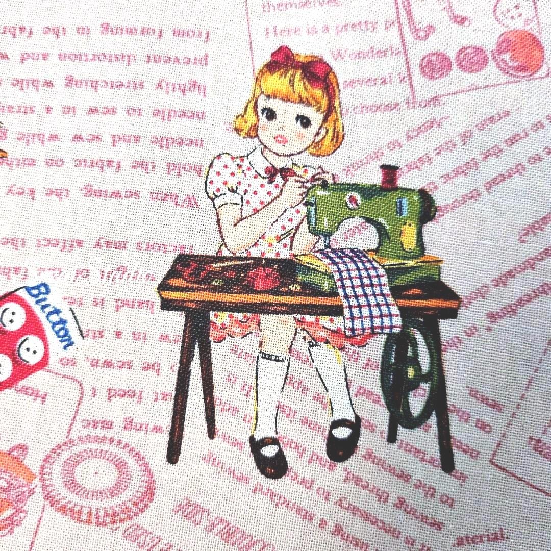 KOKO SEKI Japanese Fabric: Sewing Girl Collage, Light Pink Cotton - by Yard