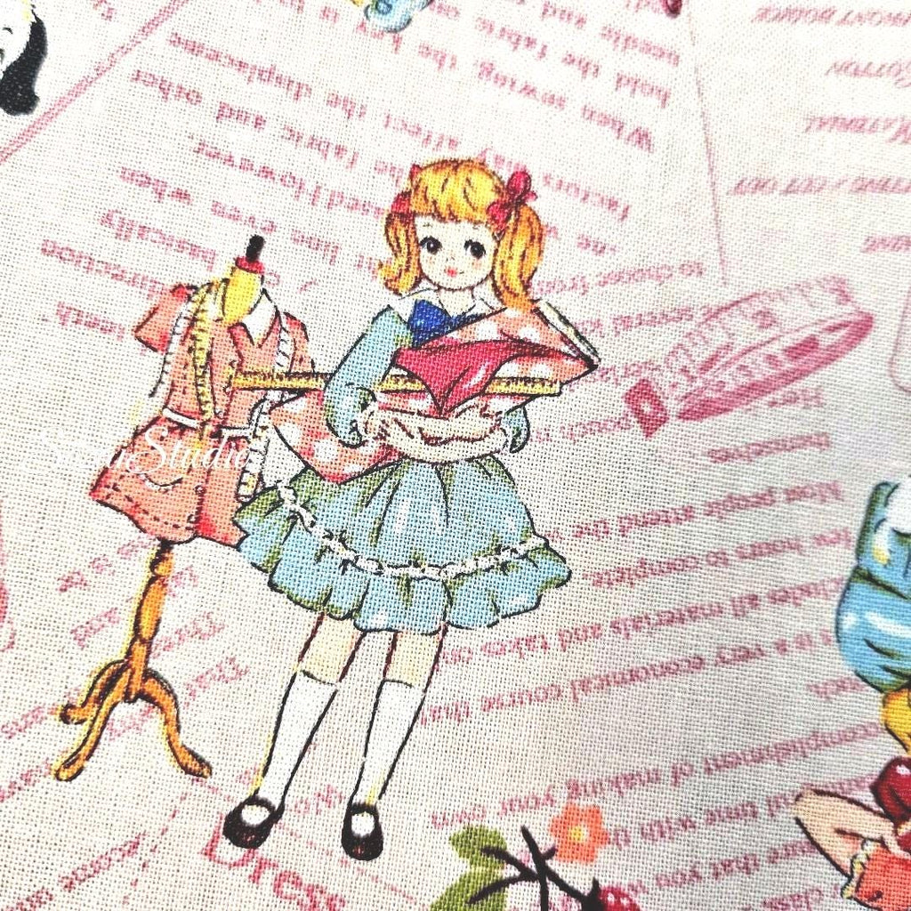 KOKO SEKI Japanese Fabric: Sewing Girl Collage, Light Pink Cotton - by Yard