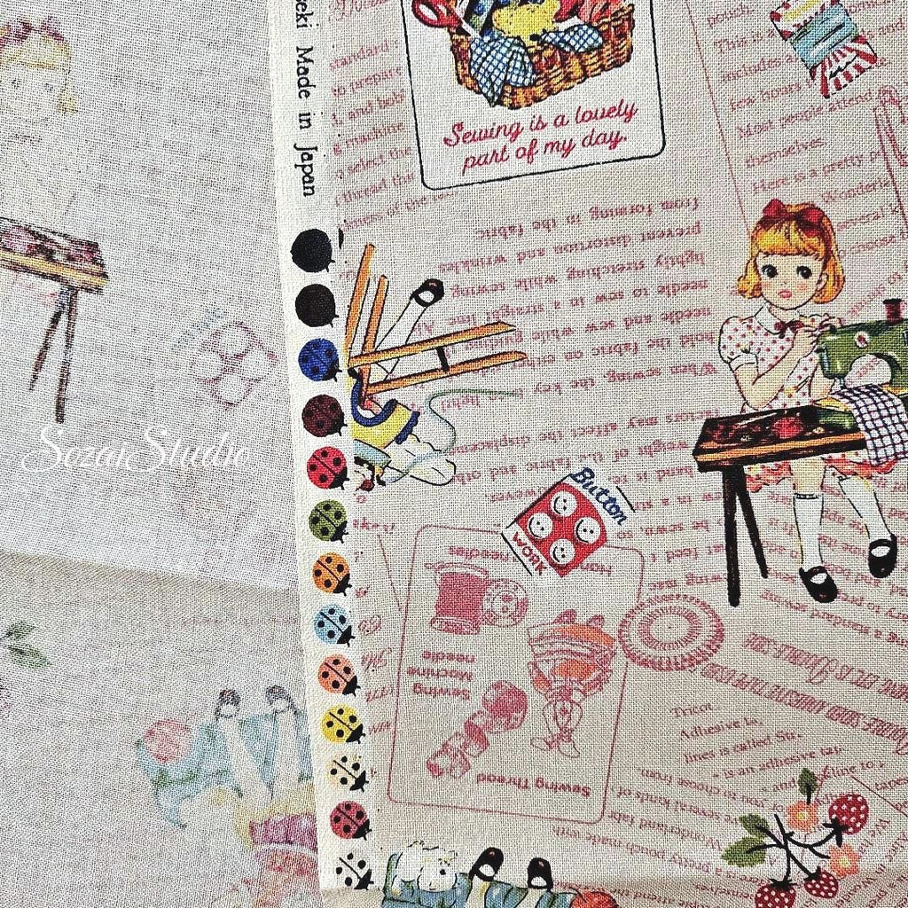 KOKO SEKI Japanese Fabric: Sewing Girl Collage, Light Pink Cotton - by Yard