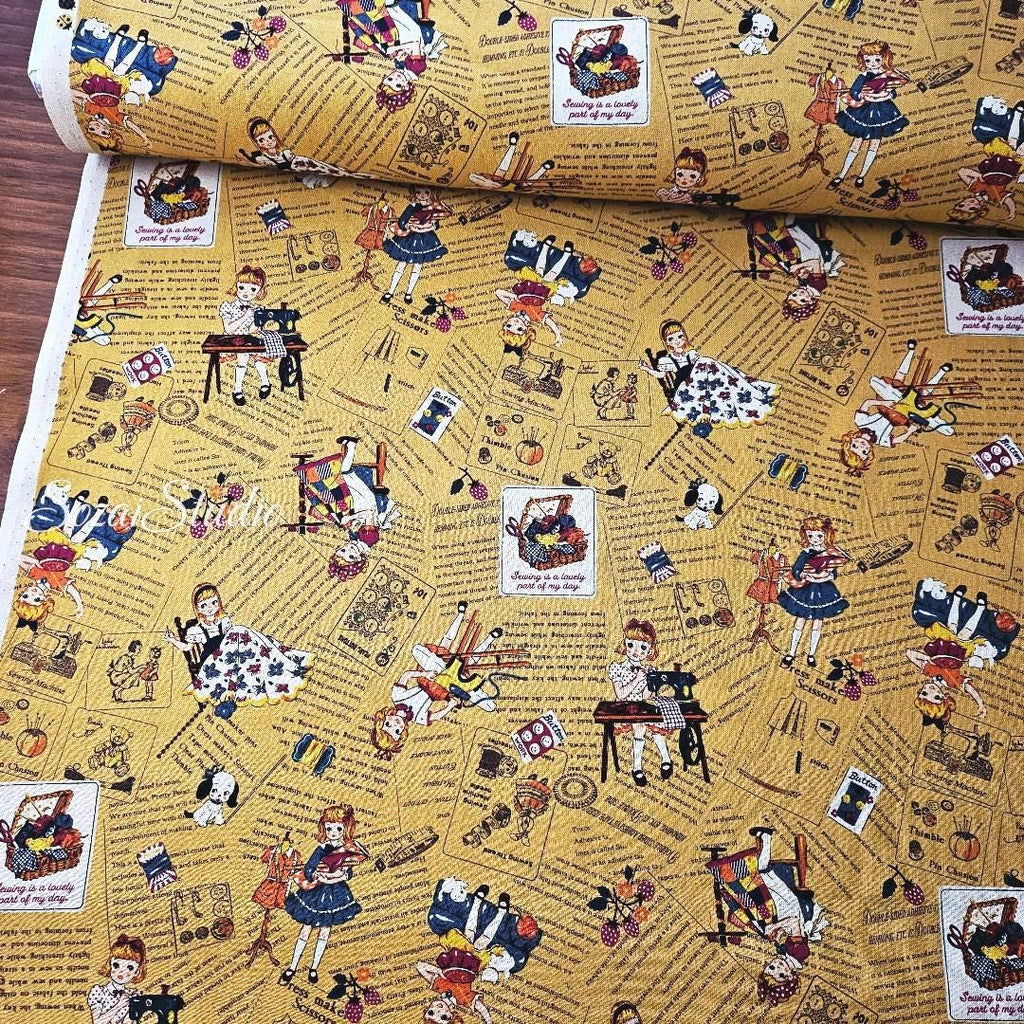 KOKO SEKI Japanese Cotton Fabric: Sewing Girl Collage, Mustard yellow - By the yard