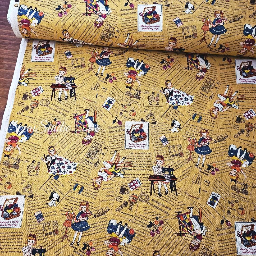 KOKO SEKI Japanese Cotton Fabric: Sewing Girl Collage, Mustard yellow - By the yard