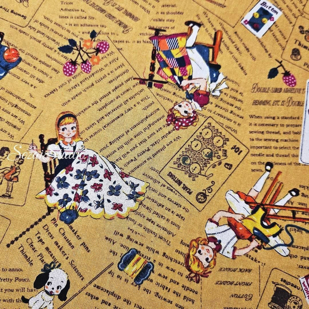 KOKO SEKI Japanese Cotton Fabric: Sewing Girl Collage, Mustard yellow - By the yard