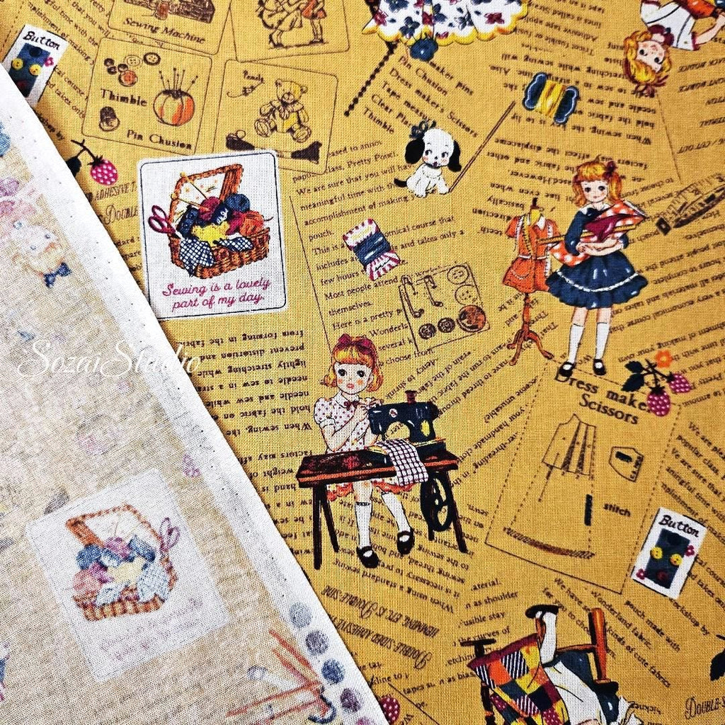 KOKO SEKI Japanese Cotton Fabric: Sewing Girl Collage, Mustard yellow - By the yard