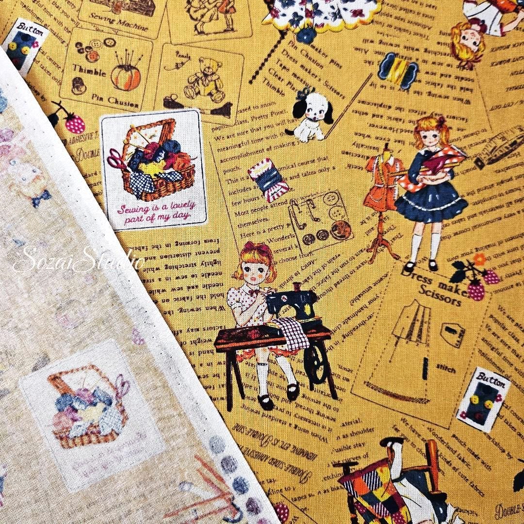 KOKO SEKI Japanese Cotton Fabric: Sewing Girl Collage, Mustard yellow - By the yard