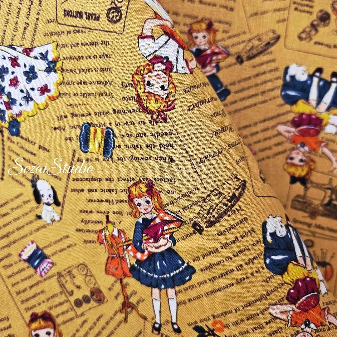 KOKO SEKI Japanese Cotton Fabric: Sewing Girl Collage, Mustard yellow - By the yard