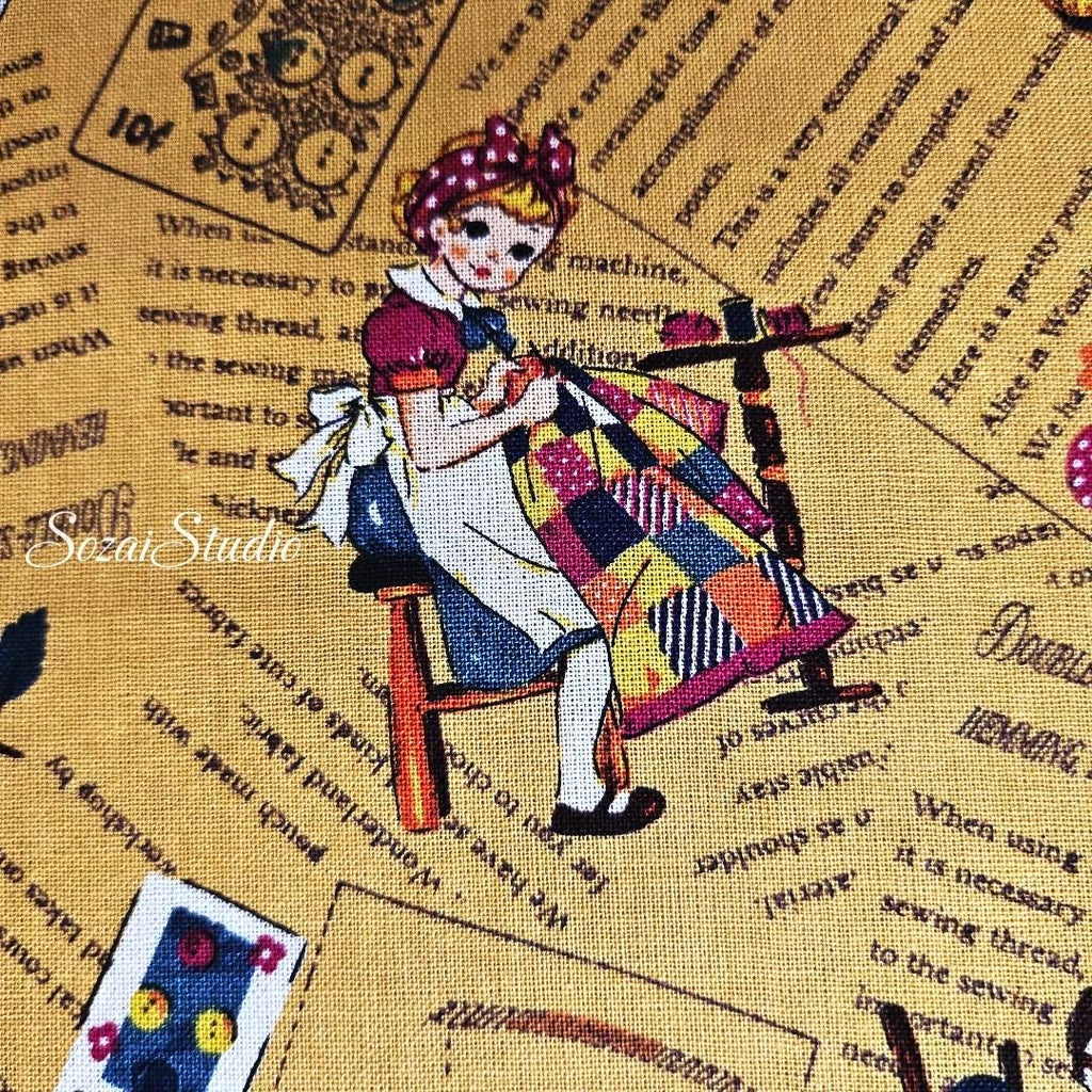 KOKO SEKI Japanese Cotton Fabric: Sewing Girl Collage, Mustard yellow - By the yard
