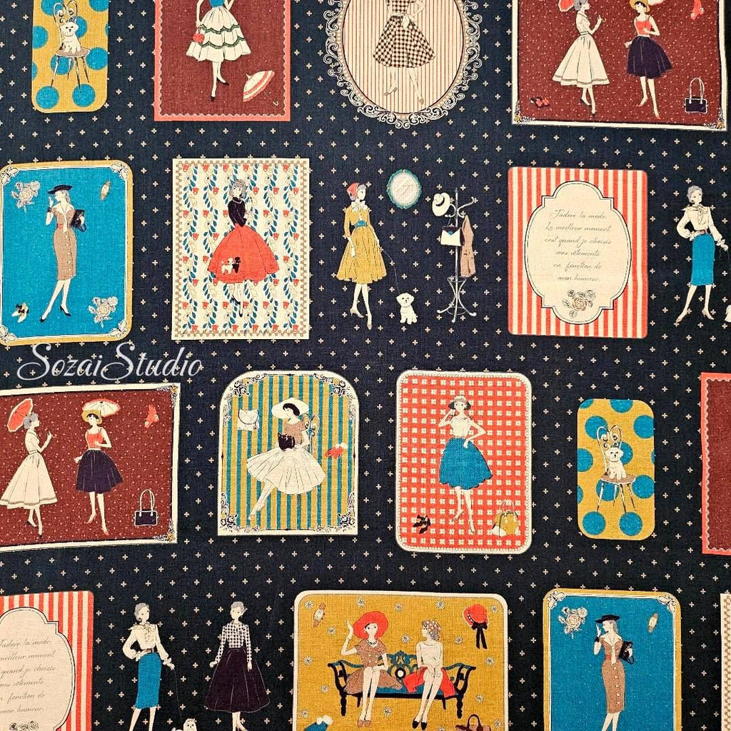 Japanese Cotton Fabric: KOKO SEKI Retro Print, Navy Blue - By the yard