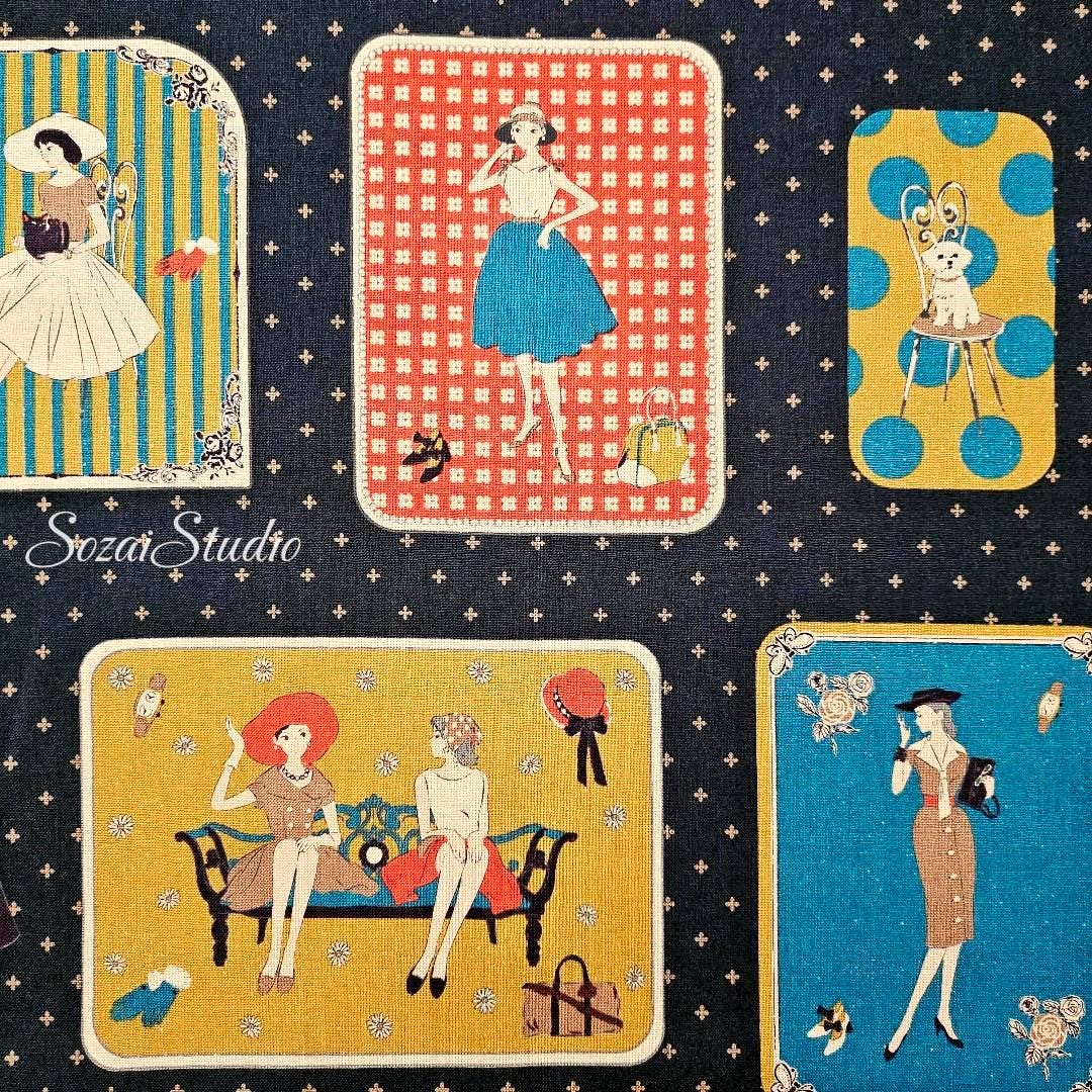 Japanese Cotton Fabric: KOKO SEKI Retro Print, Navy Blue - By the yard