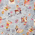 KOKO SEKI Japanese Cotton Fabric: Sewing Girl Collage, Blue - By the yard