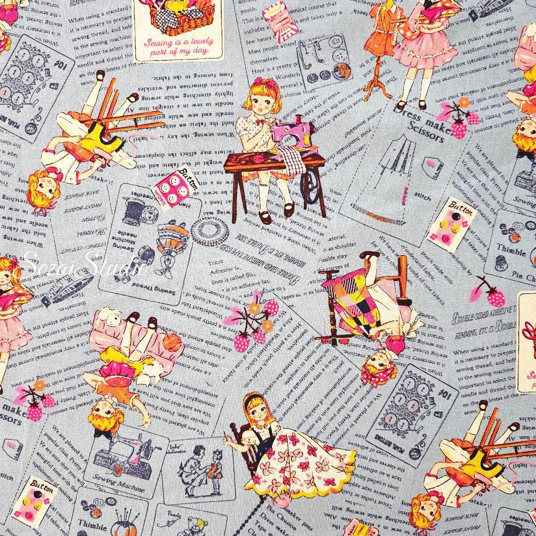 KOKO SEKI Japanese Cotton Fabric: Sewing Girl Collage, Blue - By the yard