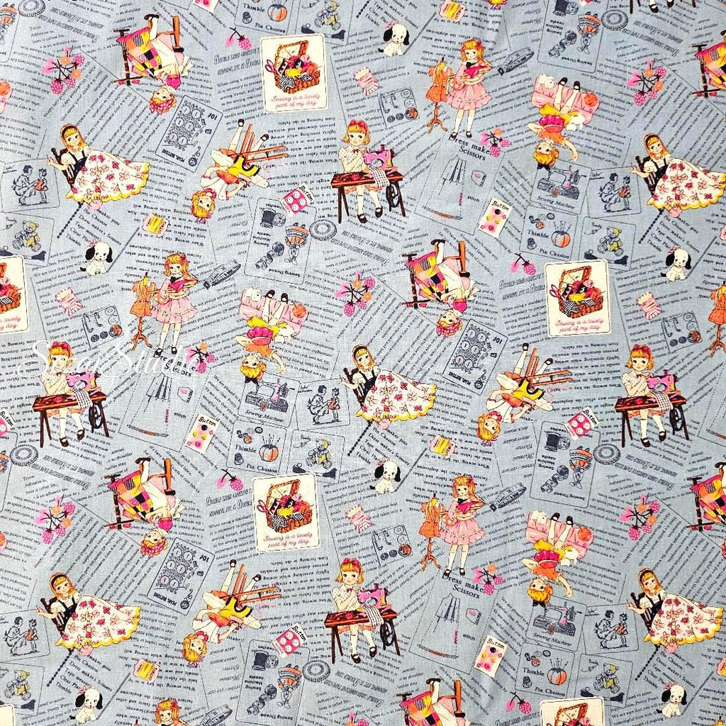 KOKO SEKI Japanese Cotton Fabric: Sewing Girl Collage, Blue - By the yard